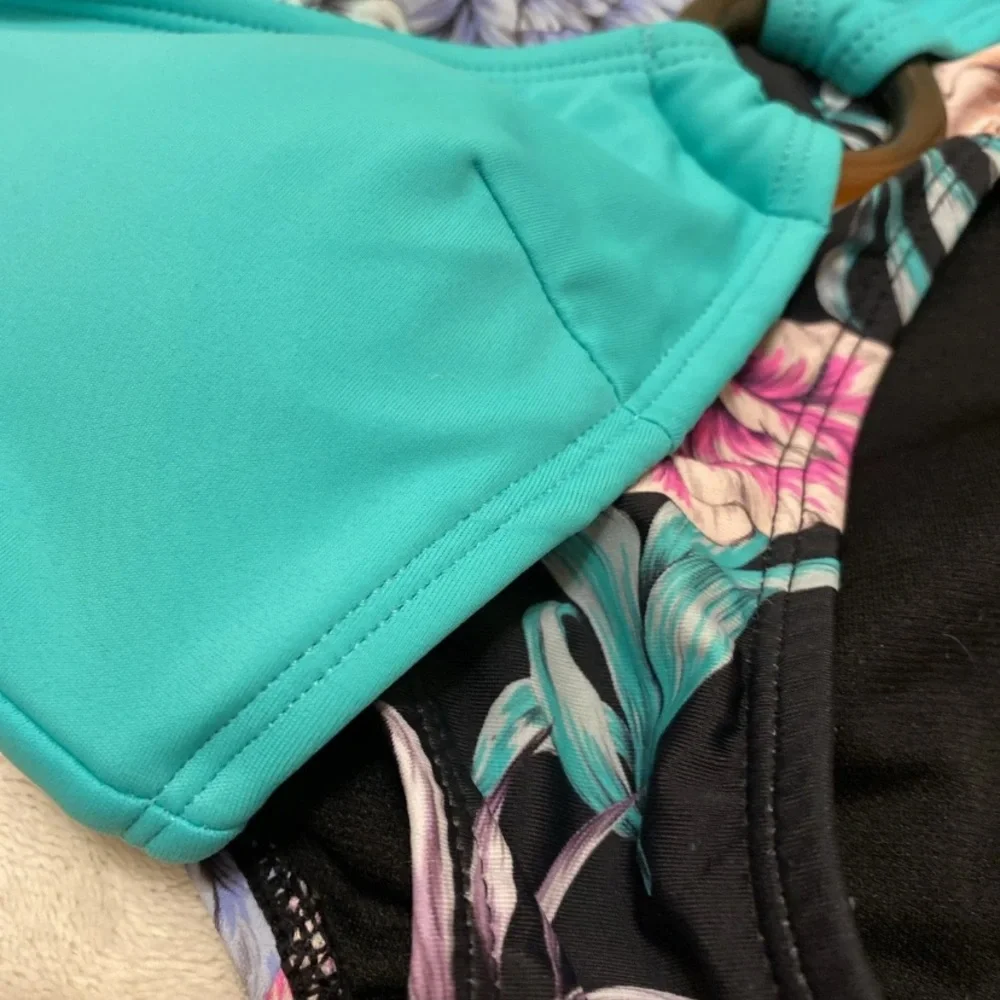 No Boundaries Seafoam Bikini with Floral Black Bottom
